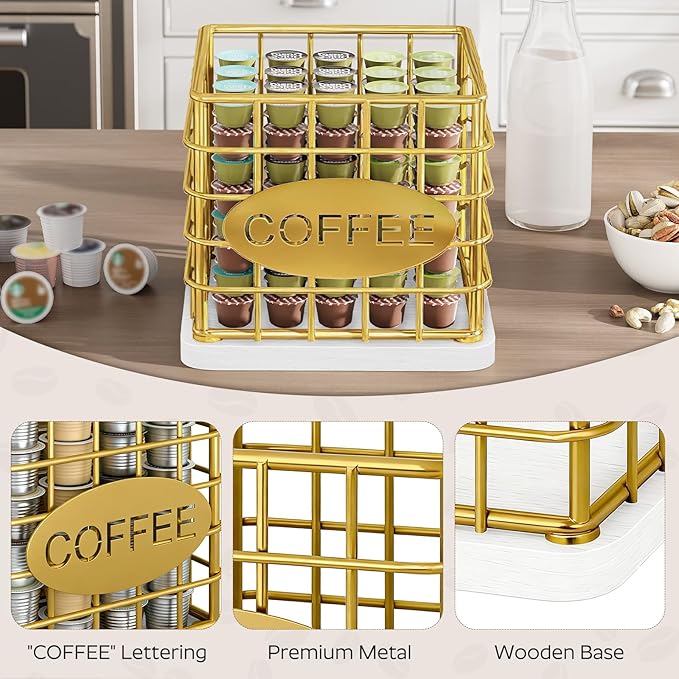 Coffee Pod Holder for K Cup, Large Capacity Coffee Pod Organizer, Versatile Coffee Capsule Storage Basket with Wooden Base, Gold and White KH10DW