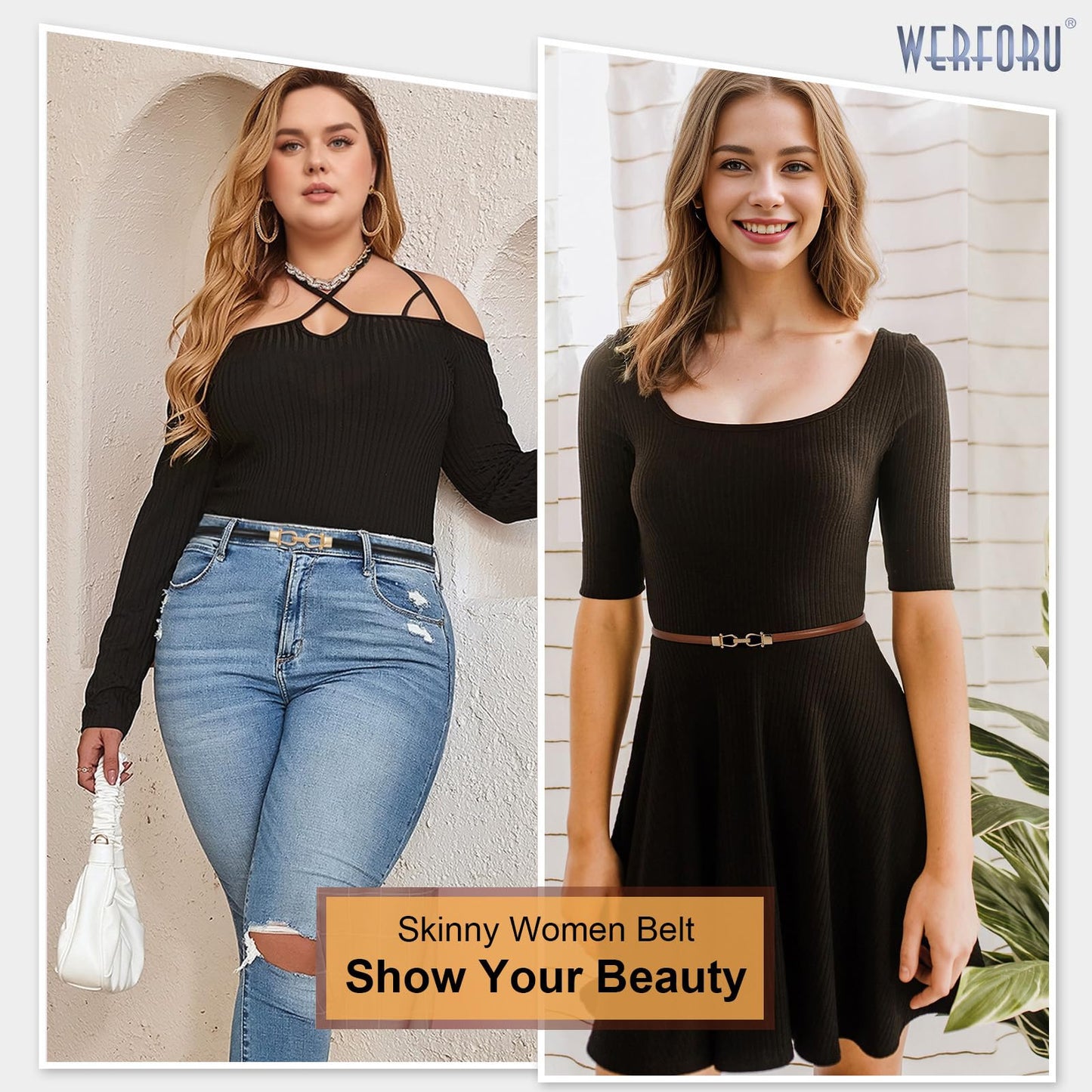 WERFORU 2 Pack Women Skinny Belt for Dress,Thin Waist Belt - Adjustable Leather Belt with Gold Buckle, Brown+Black, Fit Waist Size below 37 Inches-
