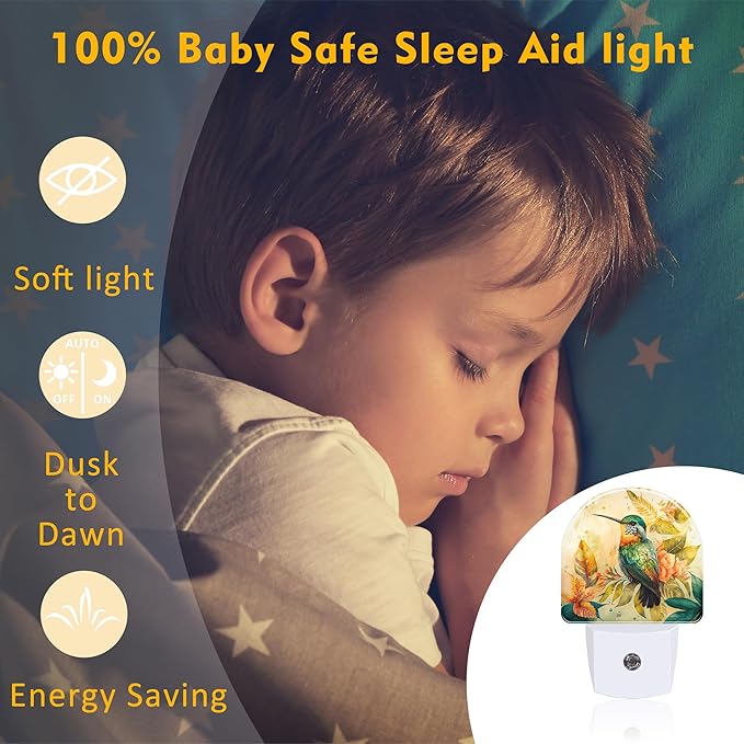 Hummingbird and Tropical Flowers Night Light for Kids,Watercolor Floral Bird Night Light Plug in with Dusk to Dawn Sensor,0.5w Energy Saving Nightlight for Hallway Stairway Kitchen Bedroom