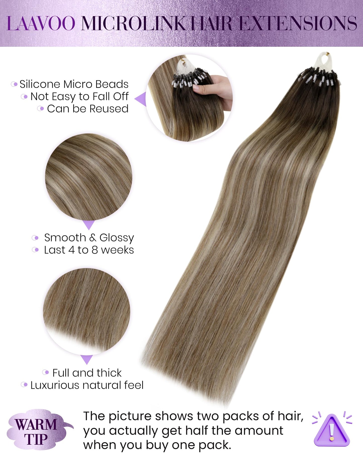 LaaVoo Micro Ring Hair Extensions Human Hair Balayage Brown Faded to Ombre Brown Highlights Micro Loop Hair Extensions Real Huma