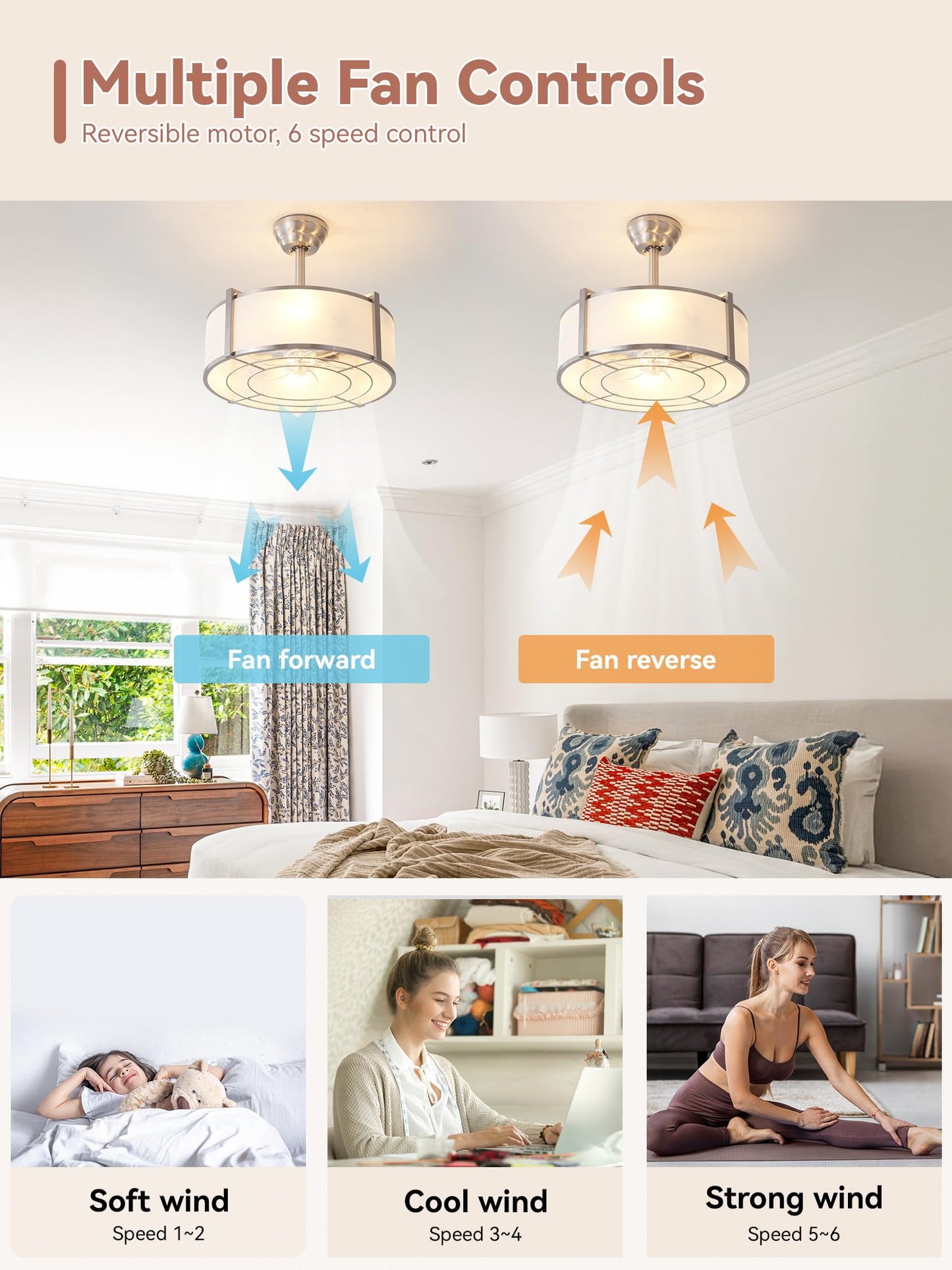 Ymkskj 20 Silver Fandelier Ceiling Fans With Lights, Boho Rattan Ceiling Fan With Light Remote Control, Caged Mid-Century Modern