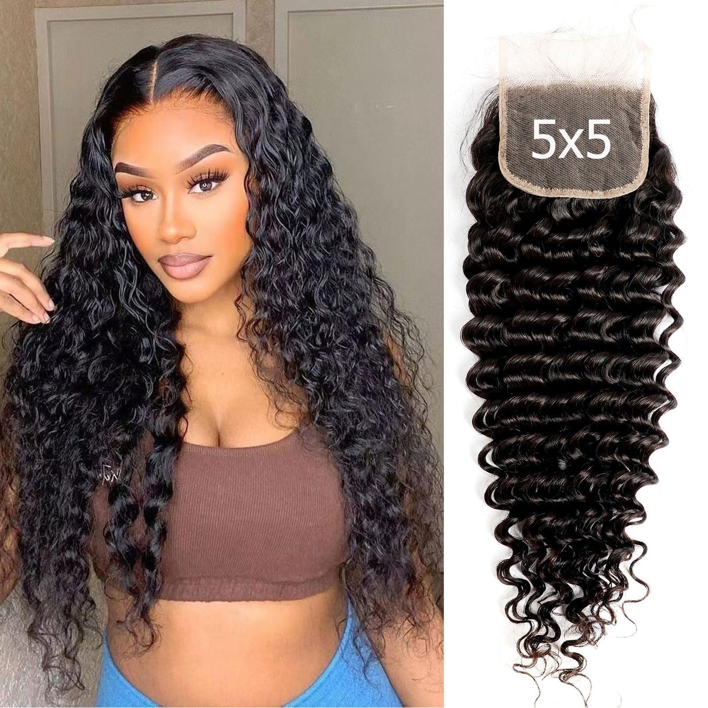 DSEKCAIN Closure Human Hair 5x5 HD Lace Closure Human Hair Clsoure Deep Wave Transparent HD 5x5 Lace Closure Deep Curly Closure