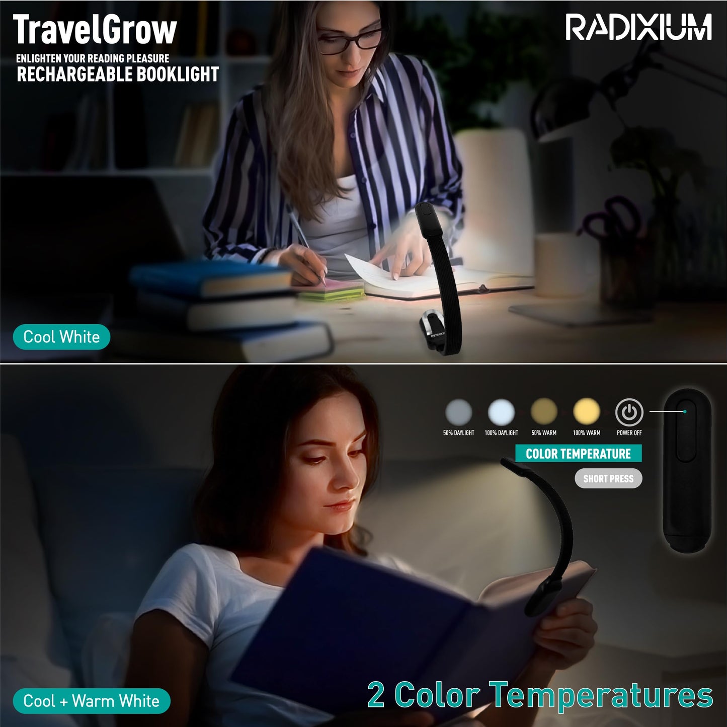 Radixium Slim Rechargeable Book Reading Light  Eye Caring Led With 4 Color Temperatures  Portable Clip On Book Light For Reading In Bed & Travelling. Prefect Elegant White Gift For Book Lover.(Black)