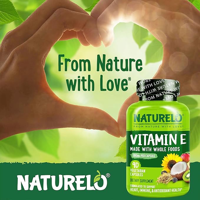 NATURELO Vitamin E - 180 mg (300 IU) of Natural Mixed Tocopherols from Organic Whole Foods - Supplement for Healthy Skin, Hair, Nails, Immune & Eye Health - Non-GMO, Soy Free - 180 Vegan Capsules