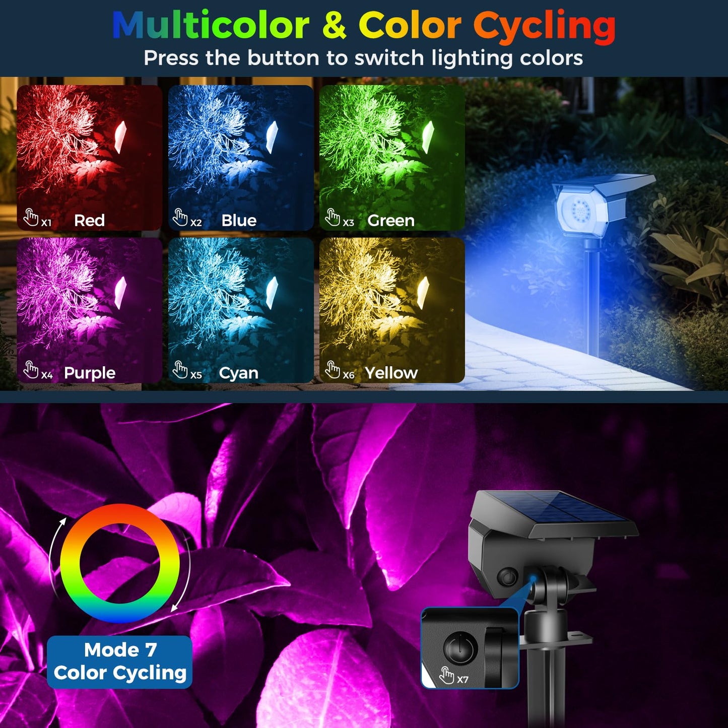 Peasur Solar Spot Lights, 6 Pack Rgb Color Changing, Waterproof For Outdoor Garden & Pathway, 7 Modes, Multicolor