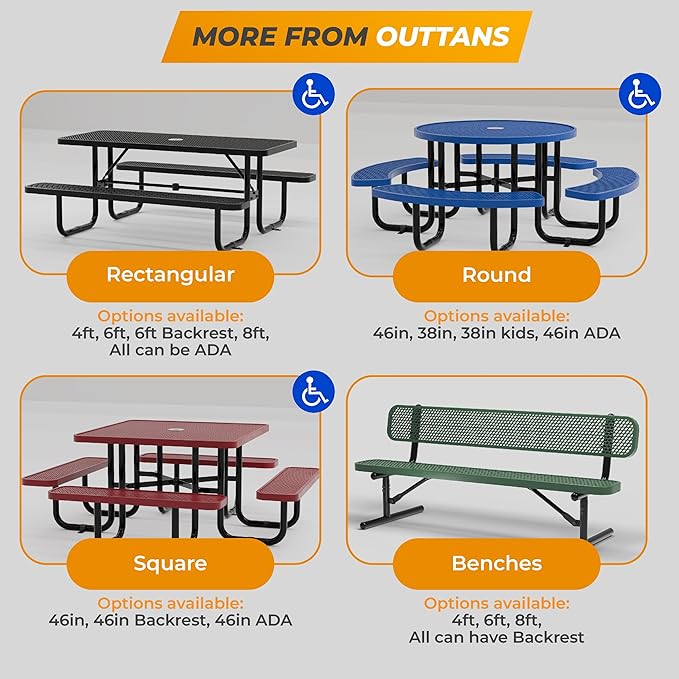 Metal Picnic Tables for Outdoors with Umbrella Hole - Coated Steel Heavy Duty Commercial Grade Table with Adjustable Seats (Brown, 46 in, Square with Back, Expanded Steel)