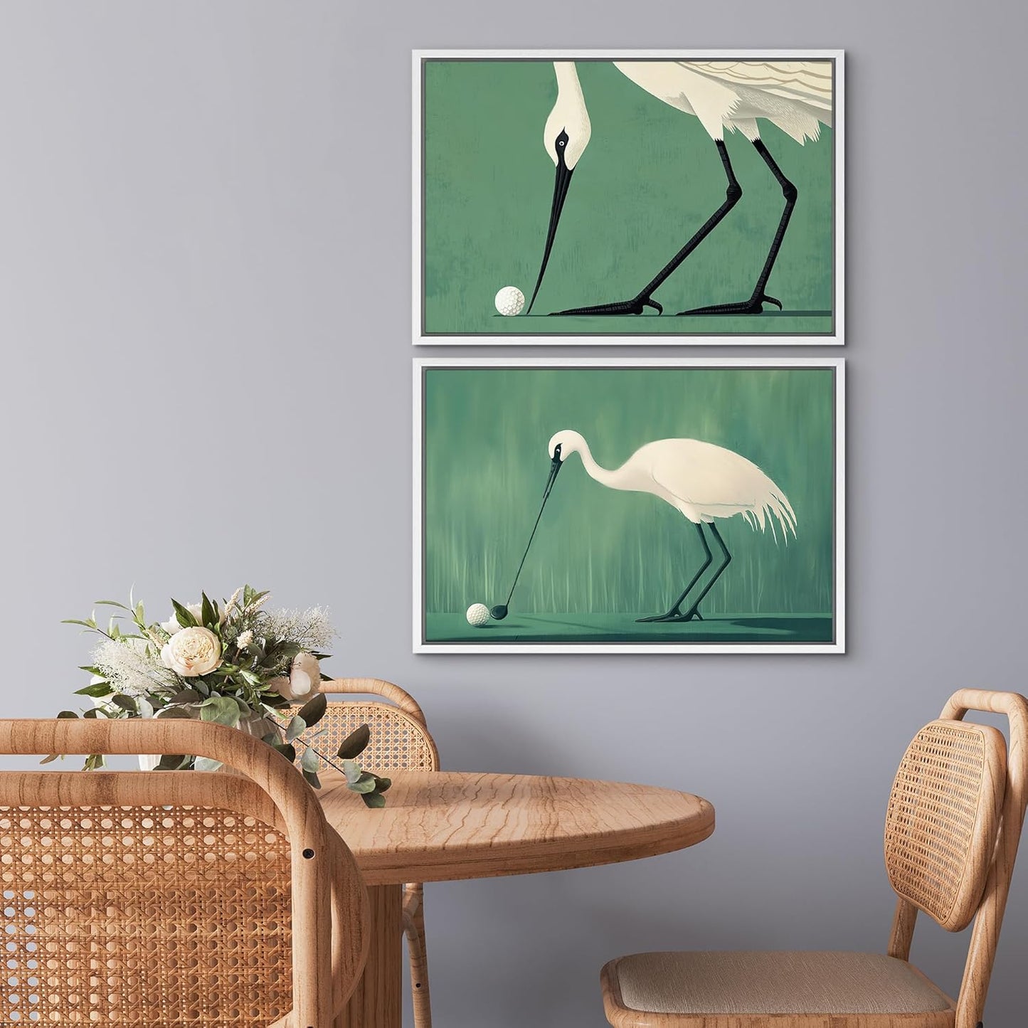 SIGNWIN Framed Canvas Print Wall Art Set Funny Crane Playing Golf Whimsical Bird Illustrations Modern Art Rustic Minimal for Living Room, Bedroom, Office - 24"x36"x2 White