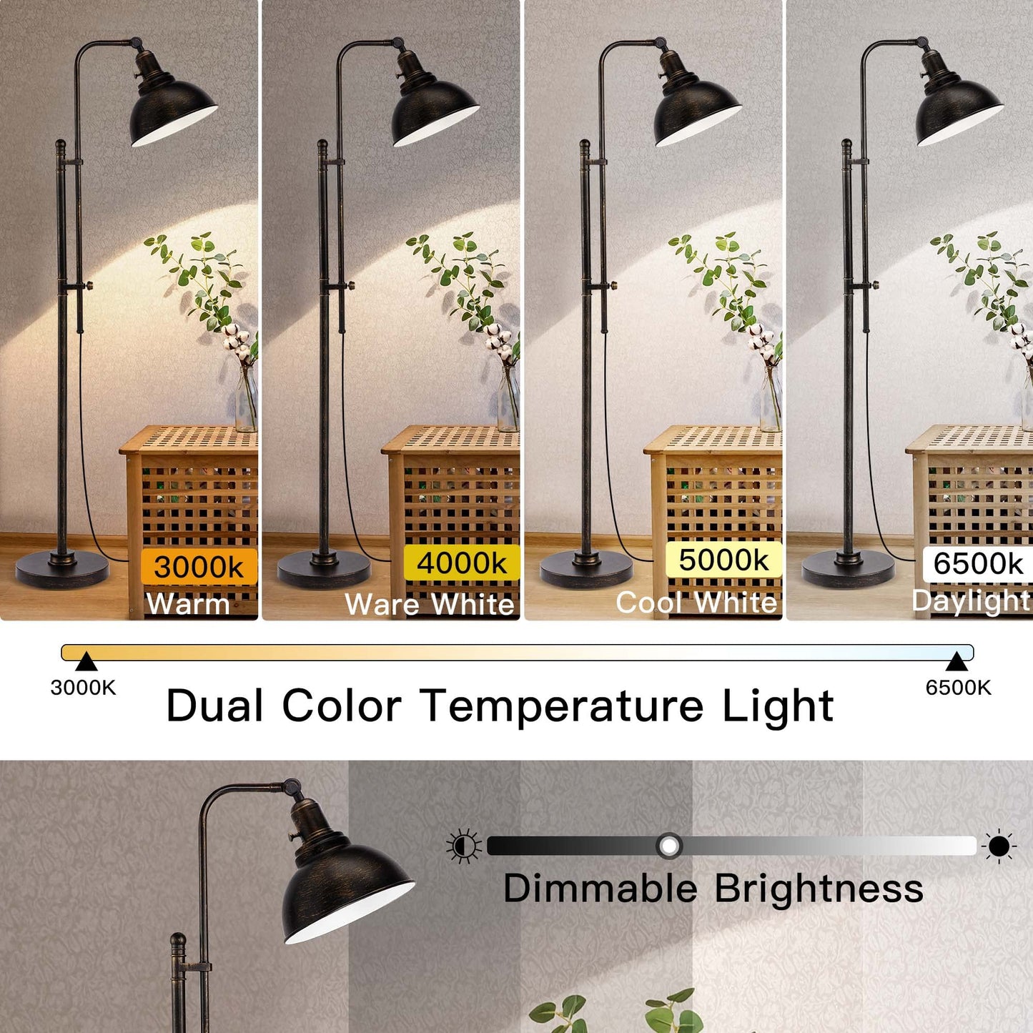 Partphoner Industrial Floor Lamp - Adjustable Rustic Black Metal Shade, Remote Control, Modern Design For Living Room, Bedroom, Office