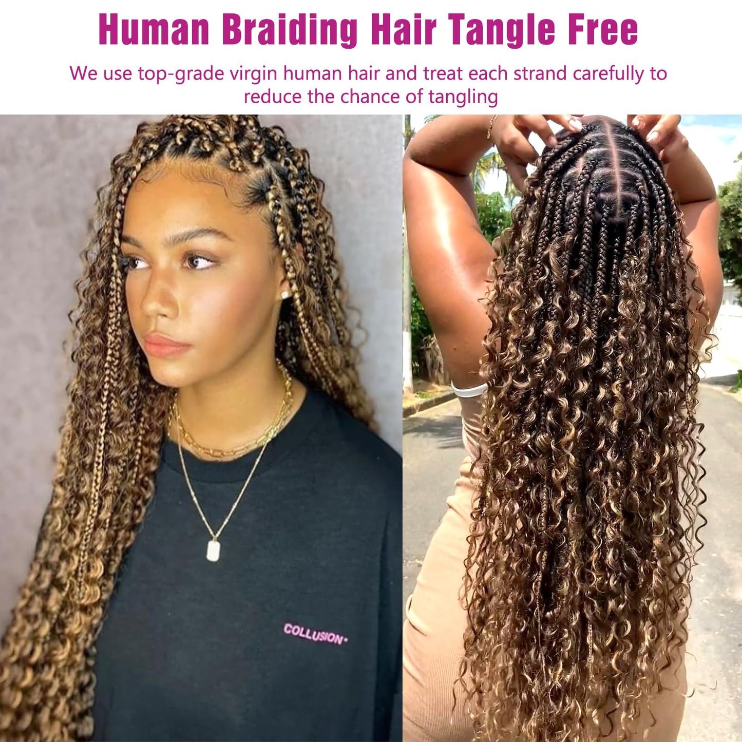 4/27 Honey Blonde Human Braiding Hair Deep Wave Bulk,Highlight No Weft Curly Braiding Hair Extensions for Boho Braids Wet and Wa