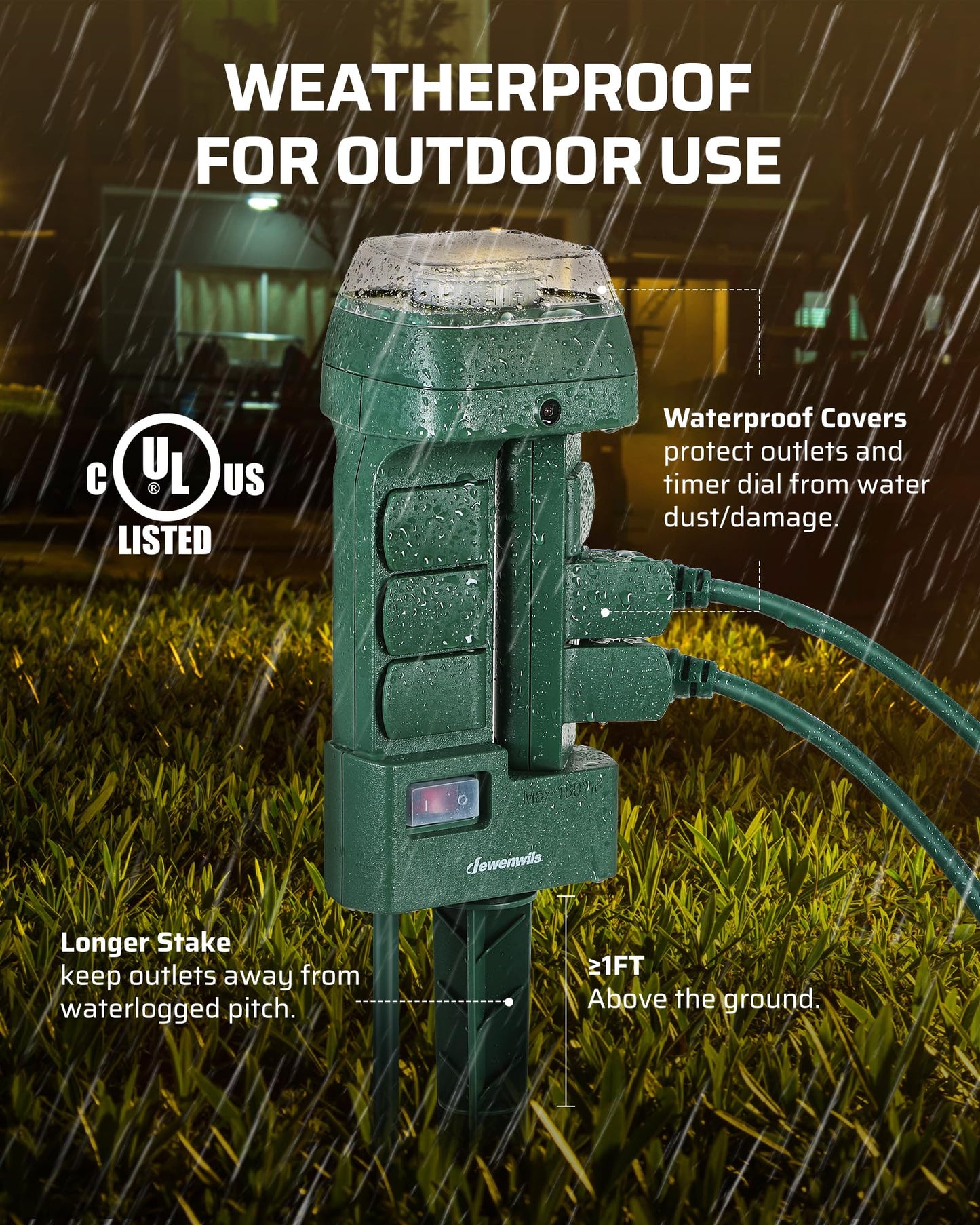 Dewenwils Outdoor Mechanical Power Stake Timer, Waterproof, 6 Grounded Outlets(3 180Rotatable), 6Ft Cord, Yard Stake Outdoor Tim