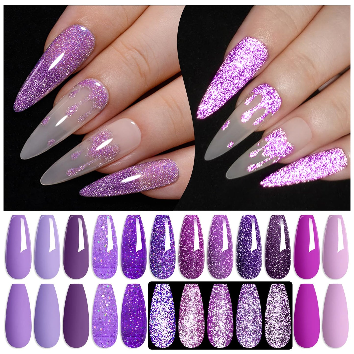 MTSSII Purple Reflective Gel Nail Polish Set, 12 Colors Lavender Violet Sparkly Gel Polish Diamond Shiny Glitter Soak Off Led Na