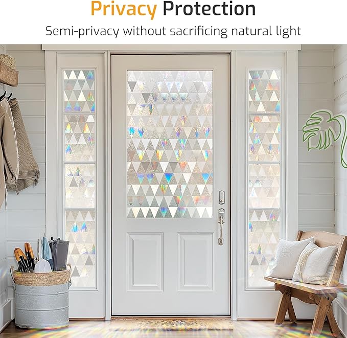 LUTE Window Privacy Film, Decorative Stained Glass Rainbow Window Clings, Sun Blocking Glass Covering, Renter-Friendly Static Cling Sticker Frosted Decals for Home Door Office, 35.4" x 78.7"