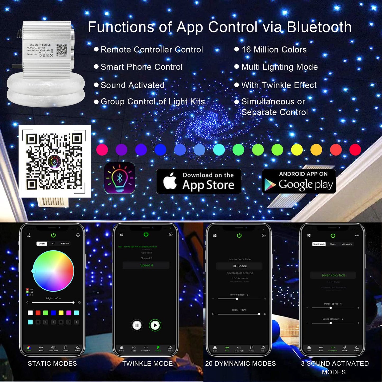 AKEPO Fiber Optic Lights Kit, 16W Dual Head, 750pcs of 9.8ft Fibers, RGBW Twinkle, Remote & APP Control, Multicolor, Model Q