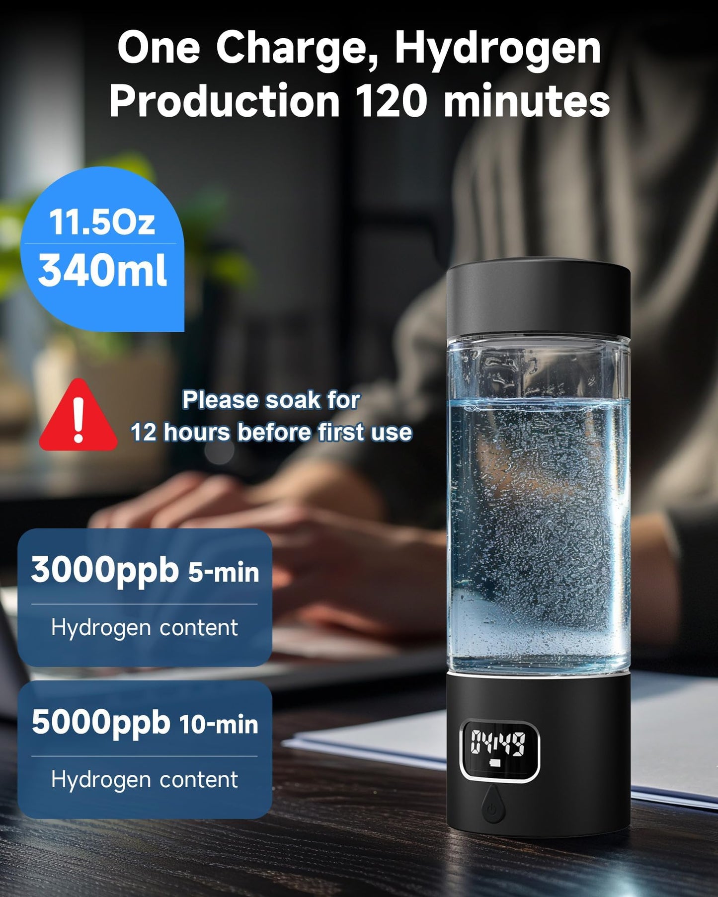 Hydrogen Water Bottle - Portable, Rechargeable, LED Timer, Aluminum and Glass, 5000 PPB Hydrogen in 10 Minutes, 340ml Capacity, for Travel, Sports, Home, Office(Black)