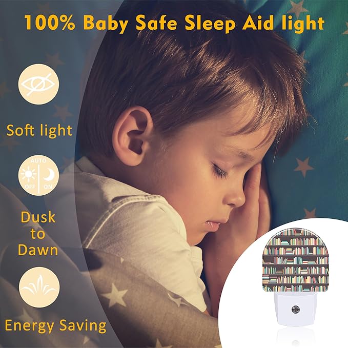 Books on Bookshelves Night Light, Colorful Books Dusk to Dawn Night Light Plug in,0.5w Energy Saving Sleep Friendly Nightlights for Kids Boys Girls Home Decor