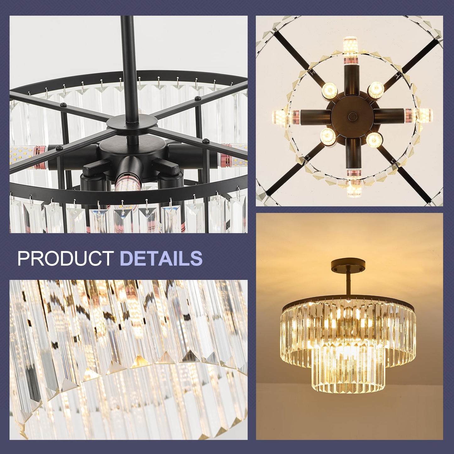 Lighceac 17.7 Black Semi Flush Mount 2-Tier Crystal Ceiling Light Fixtures For Dining Room Modern stylish 8-Light Chandeliers Lighting For Bedroom Entryway Hallway Kitchen Island Living Room Foyer