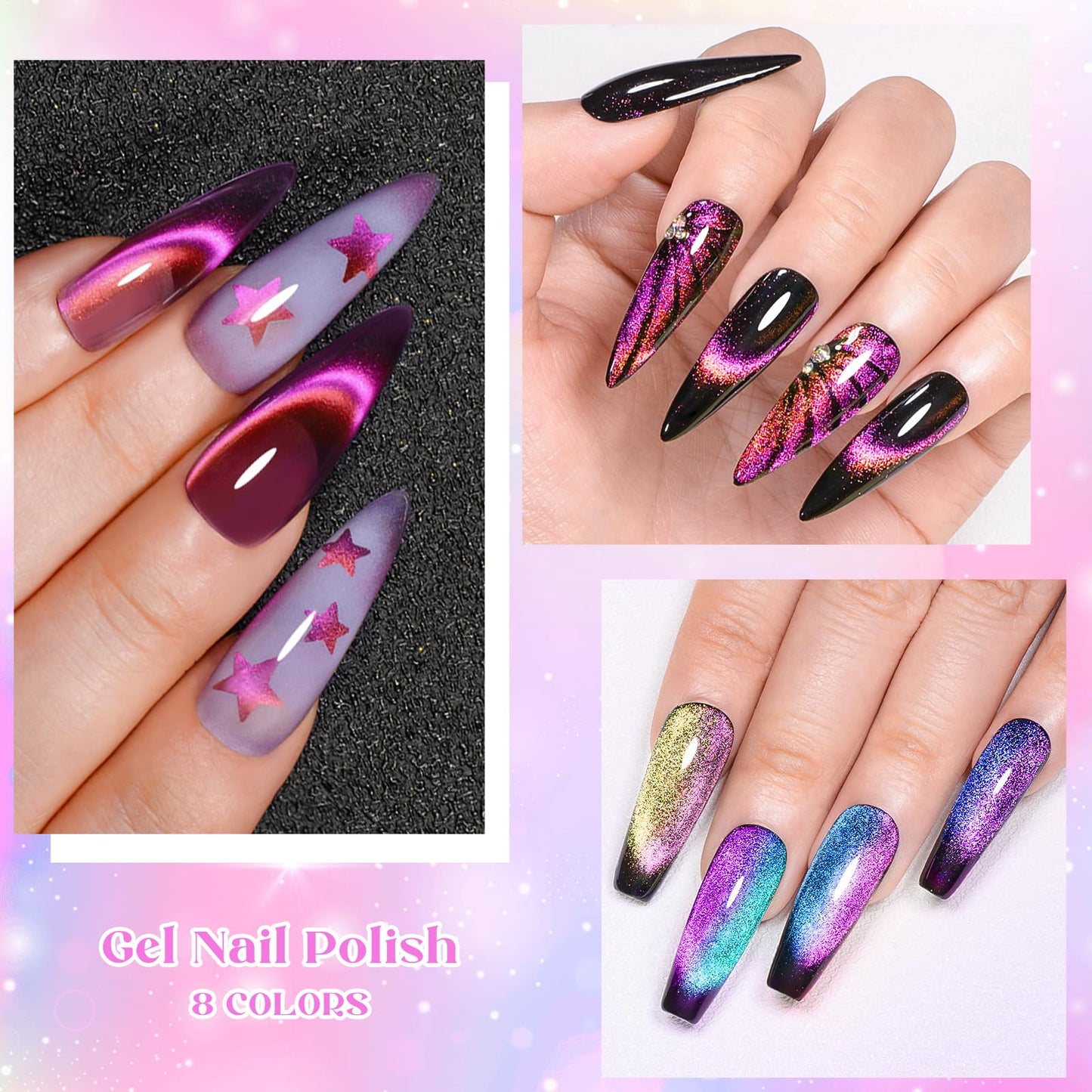 MTSSII Cat Eye Gel Nail Polish Set, 8 Colors, UV/LED Soak Off, Galaxy Glitter Collection (Set-6, 8pcs)