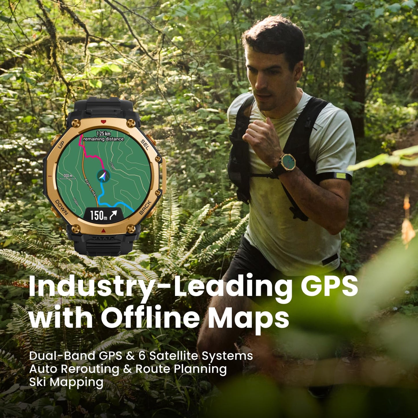 Amazfit T-Rex 3 Pro Outdoor Smart Watch 48mm Sapphire AMOLED Display, Ti Bezel, Dual Band GPS, Offline Maps, 25 Days Battery, Built-in Flashlight, 10 ATM, 180+ Sports Mode for Android & iPhone, Black