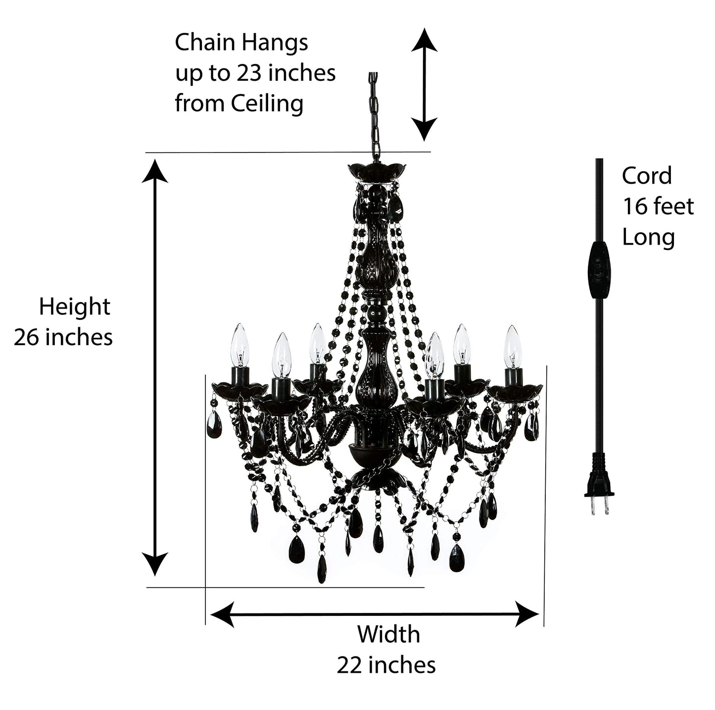 Gypsy Color 6 Light Plug-In Swag Chandelier, Black Metal Frame, Glass Stem, Acrylic Crystals, Model Gylgbkp, H26”Xw22”