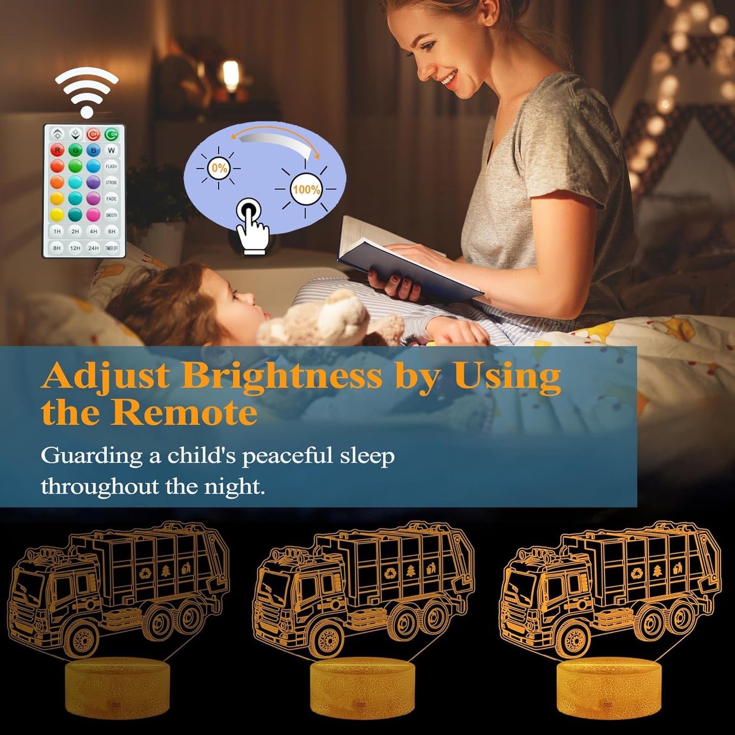 Garbage Truck Night Light, Garbage Truck Car Gifts, Sanitation Truck 3D Illusion Lamp with 16 Colors Changing, Timer, 4 Flash Modes and Dimmable, Kids Boys Girls Room Decoration, Holiday Xmas Gifts