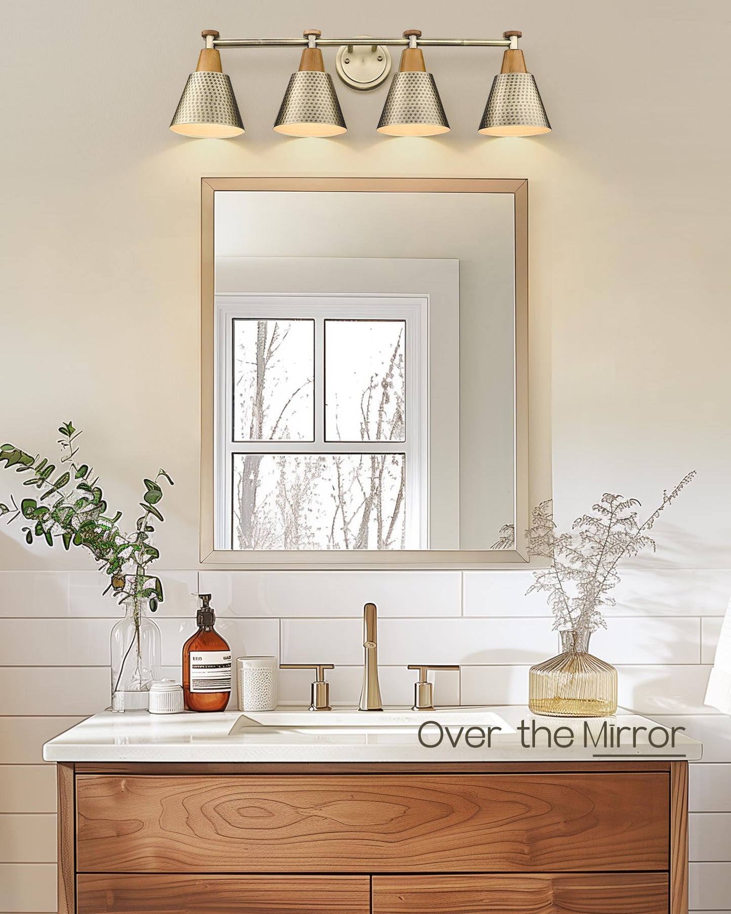 FEMILA Vanity Lights, 4-Light Bathroom Fixture, Antique Brass Wall Sconces, Hammered Metal Shade, 1 Pack