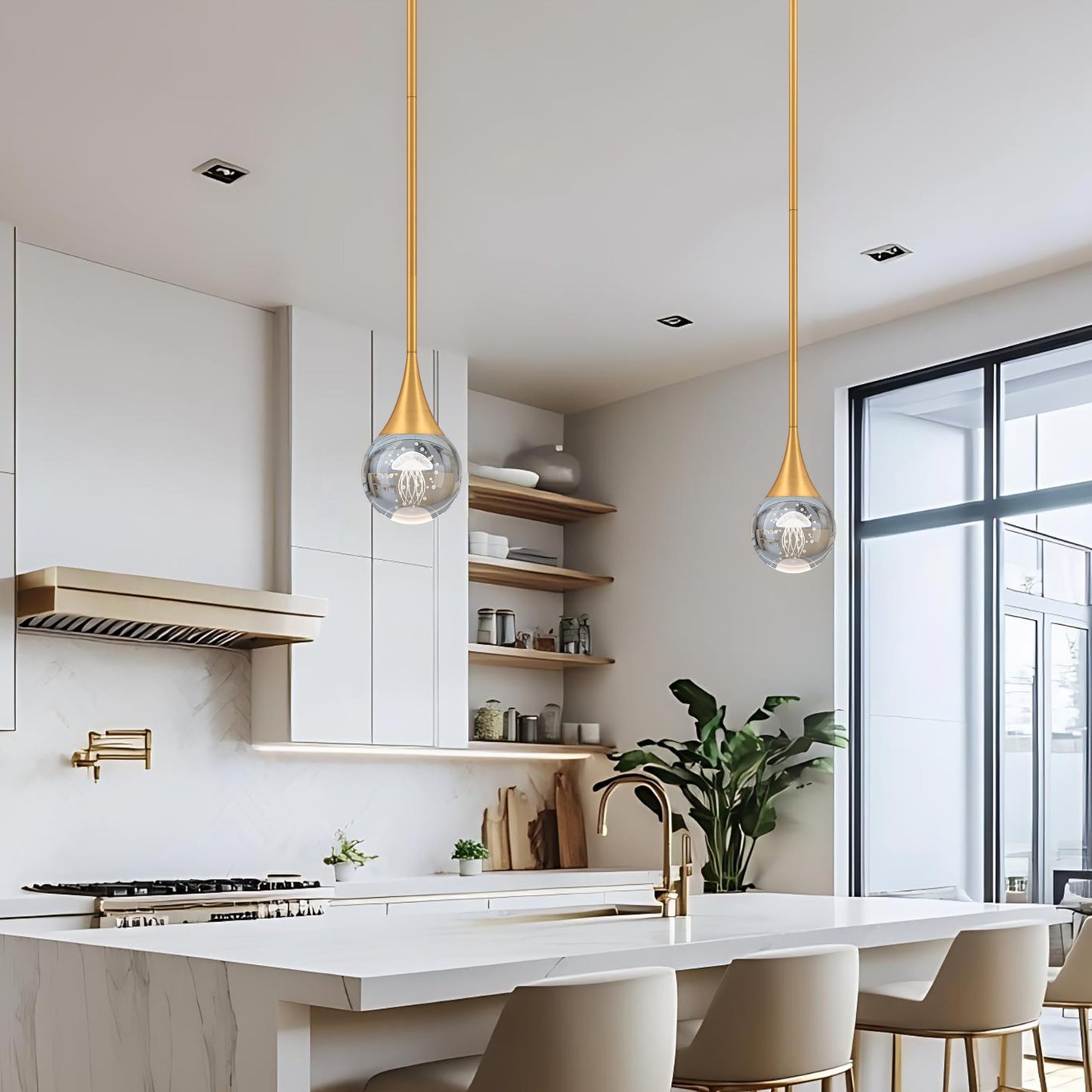 2-Pendant Lights Kitchen Island  discomfort-reducingted Gold Globe Crystal Ceiling Hanging Light Fxitures  Led Light Fixtures Metal Rod Ceiling Glass Pendant Lighting For Kitchen Island Dining Room Bar