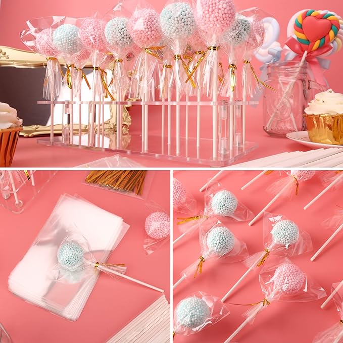 Goabroa Cake Pop Stand, 21 Holes Clear Acrylic Cake Pop Kit with 300 PCS Cake Pop Sticks and Wrappers, Cake Pop Maker for Weddings Birthday Parties Baby Shower Halloween