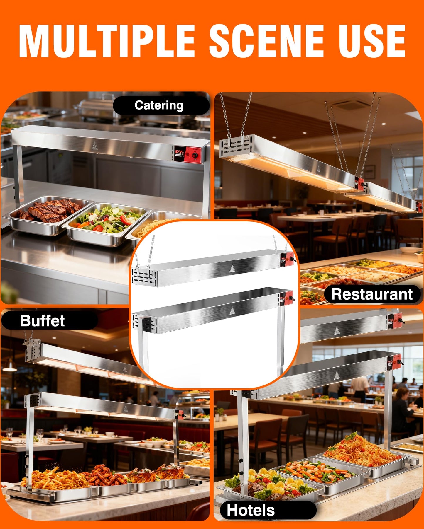 PYY Commercial Food Heat Lamp - 36‑Inch 1050W Stainless Steel Stand or Hanging Mode Food Warmer Lamp, 110V Electric Strip Heater Overhead Lighting for Cafeteria, Buffet & Kitchen Counter