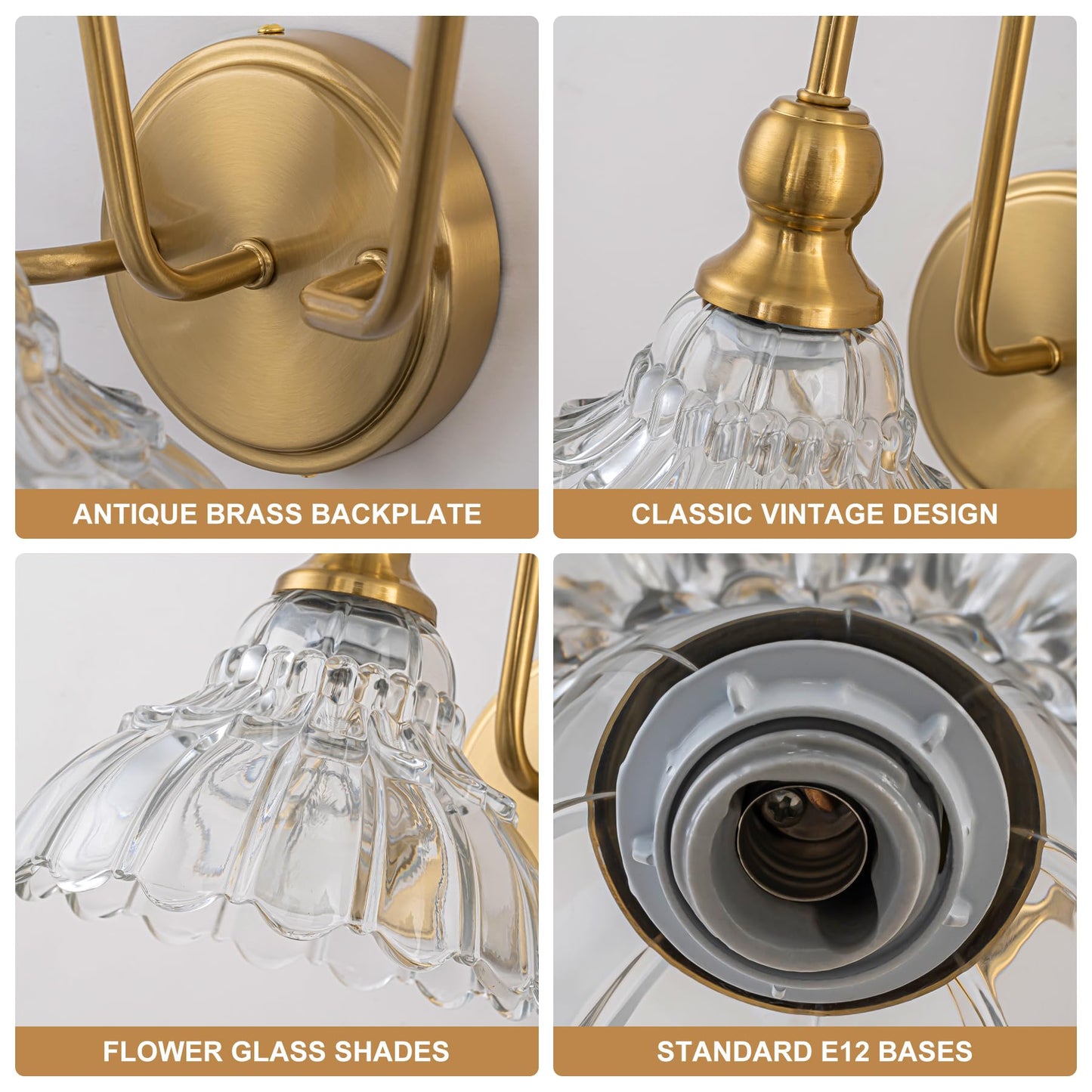 Brknit Vintage Bathroom Light Fixtures Over Mirror  3-Light Brass Wall Sconce Lighting With Flower Glass Shade  Farmhouse Vanity Lights For Bedroom Kitchen Living Room Hallway Light