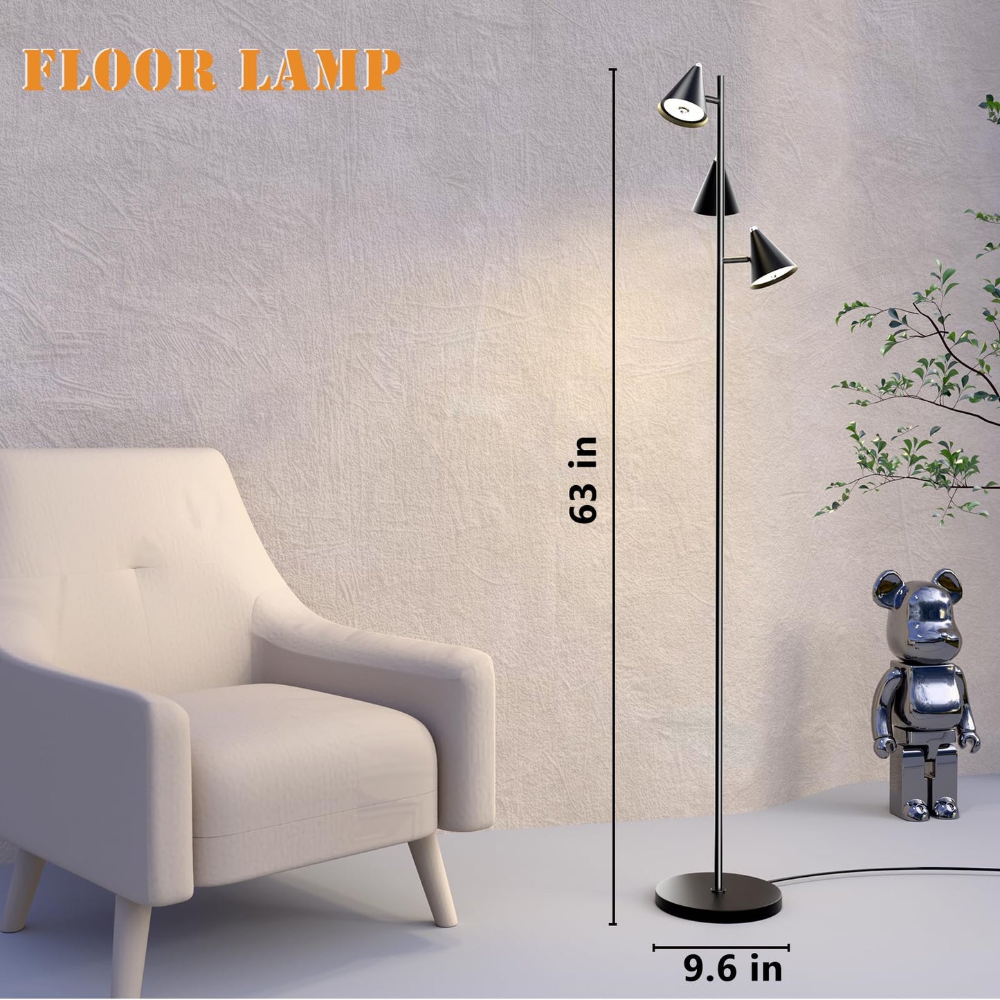 KimYan Floor Lamp with Remote, Dimmable 3 LED Lights, 5 Color Temperatures, 63in Small, Black, Model FL1