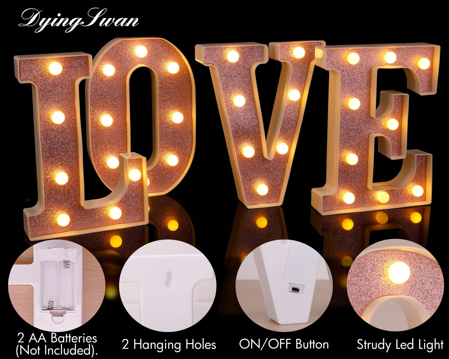 DyingSwan Small LED Marquee Letter E, Pink Glitter, 8.58 Inch, Battery Powered Lighted Sign for Party and Decor