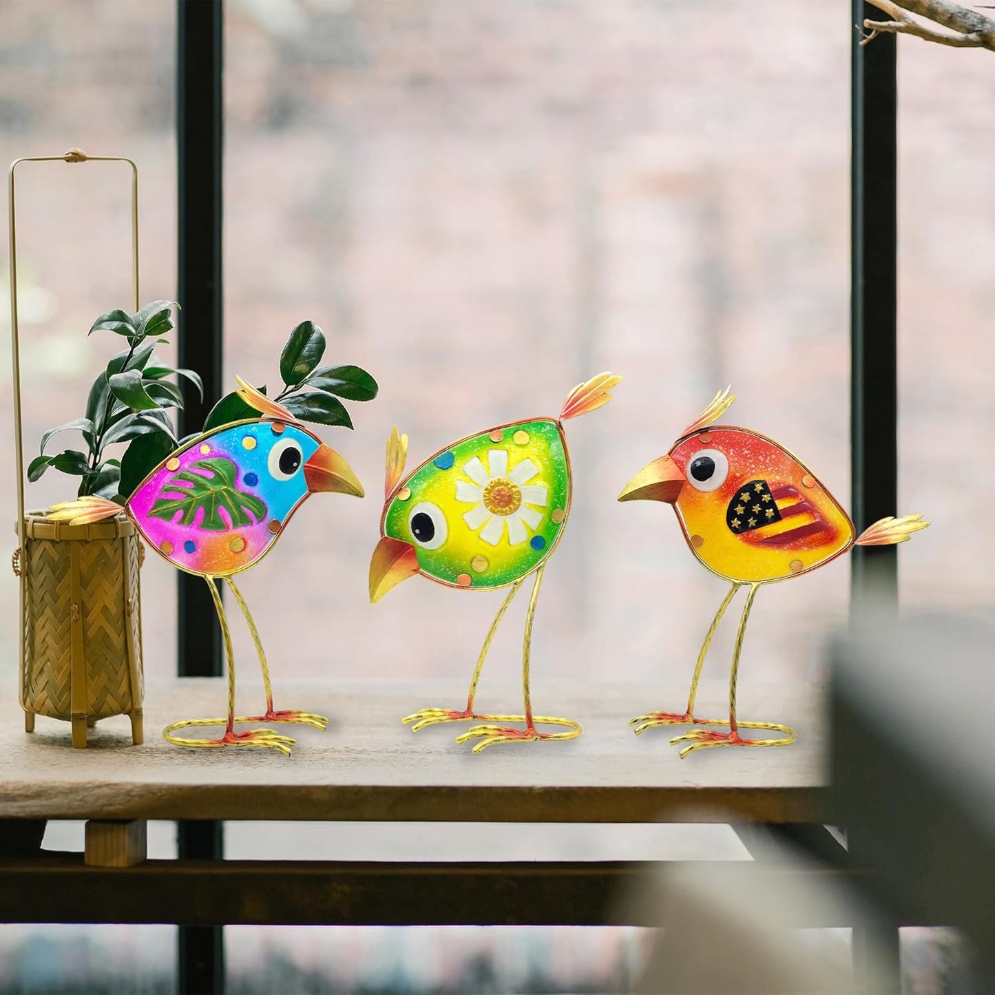Birds Garden Decor for Outside: Metal & Glass Bird Yard Art, Craft Statue Lawn Ornaments for Outdoor, Housewarming Birthday Gifts for Women (3 PCS)