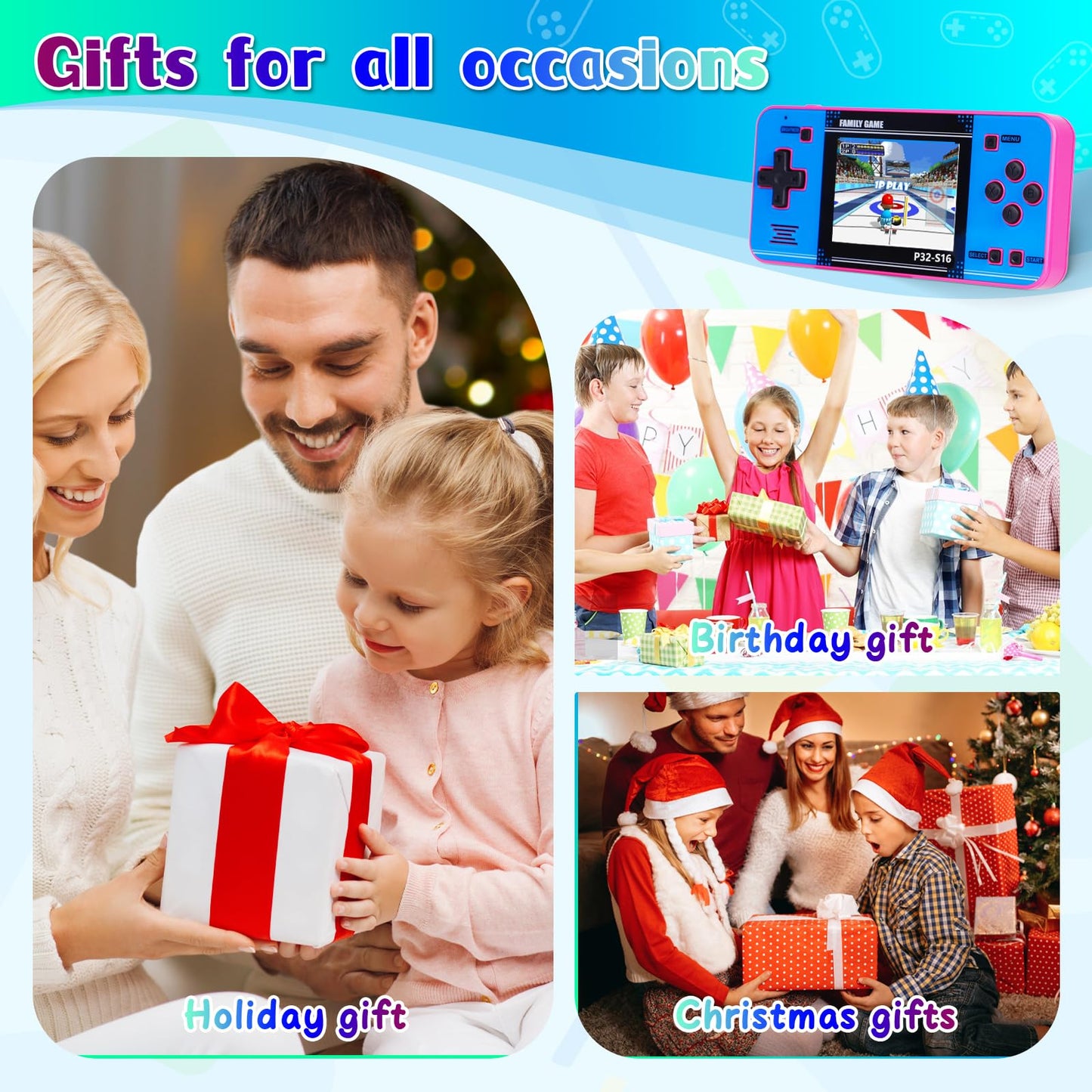 Handheld Game for Kids ，Built-in 220 32-bit Video Games, 3.0” IPS Screen, Rechargeable Portable Game , Travel Mini Arcade Electronic Toys Gift for Boys and Girls (Pink+Blue)