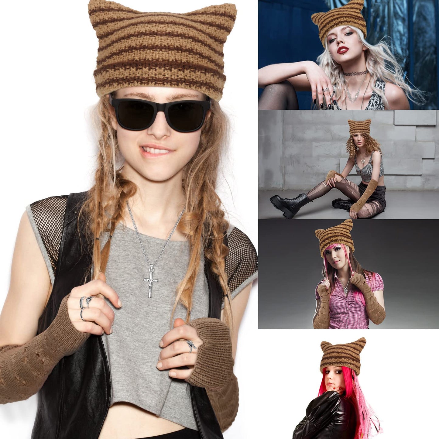 Sureio 25 Pcs Y2k Grunge Knitted Cat Beanie with Fairy Grunge Ripped Gloves Earrings Necklace Rings Monster Horn Accessories(Brown)