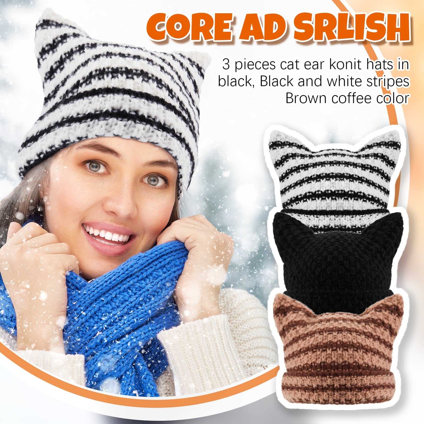 Hercicy 3 Pcs Women Cat Ear Beanie Crochet Y2k Cat Hats for Women Grunge Accessories Slouchy Hat Crochet Beanie with Ears(Classic Colors)