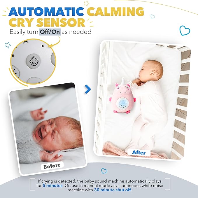 Bubzi Co Unicorn Baby Sound Machine & Night Light Projector, Portable Sleep Aid with White Noise & Soothing Shush Sounds