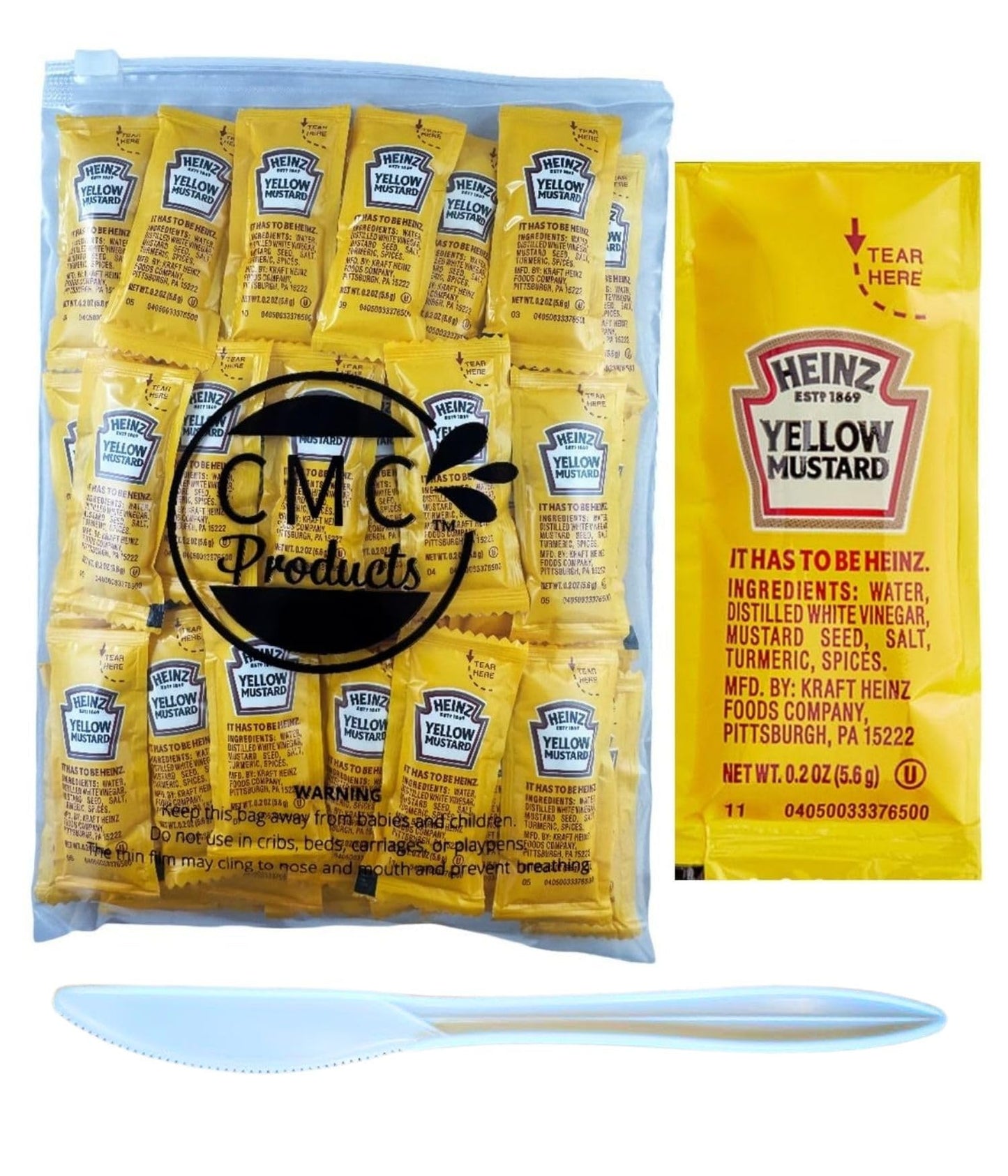 Gift Set - Yellow Mustard Packets 50 Count (5.6g Each) with Spreader in Resealable Slide Seal Bag by CMC Products (50 Packets, M