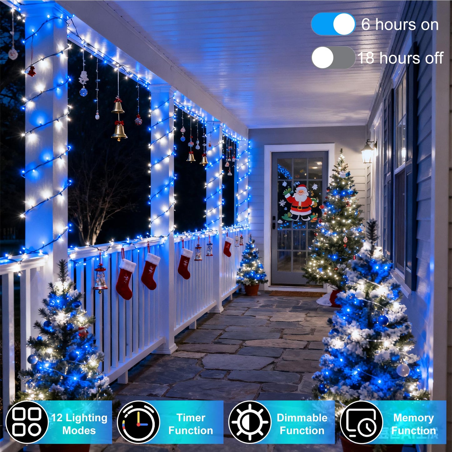 340 Led 90Ft Christmas String Lights Outdoor  12 Pro Modes And Timer Memory & Brightness  Plug In Waterproof Dark Green Wire Twinkle Light For For Xmas Yard Tree Wedding Party Decor (Blue & White)