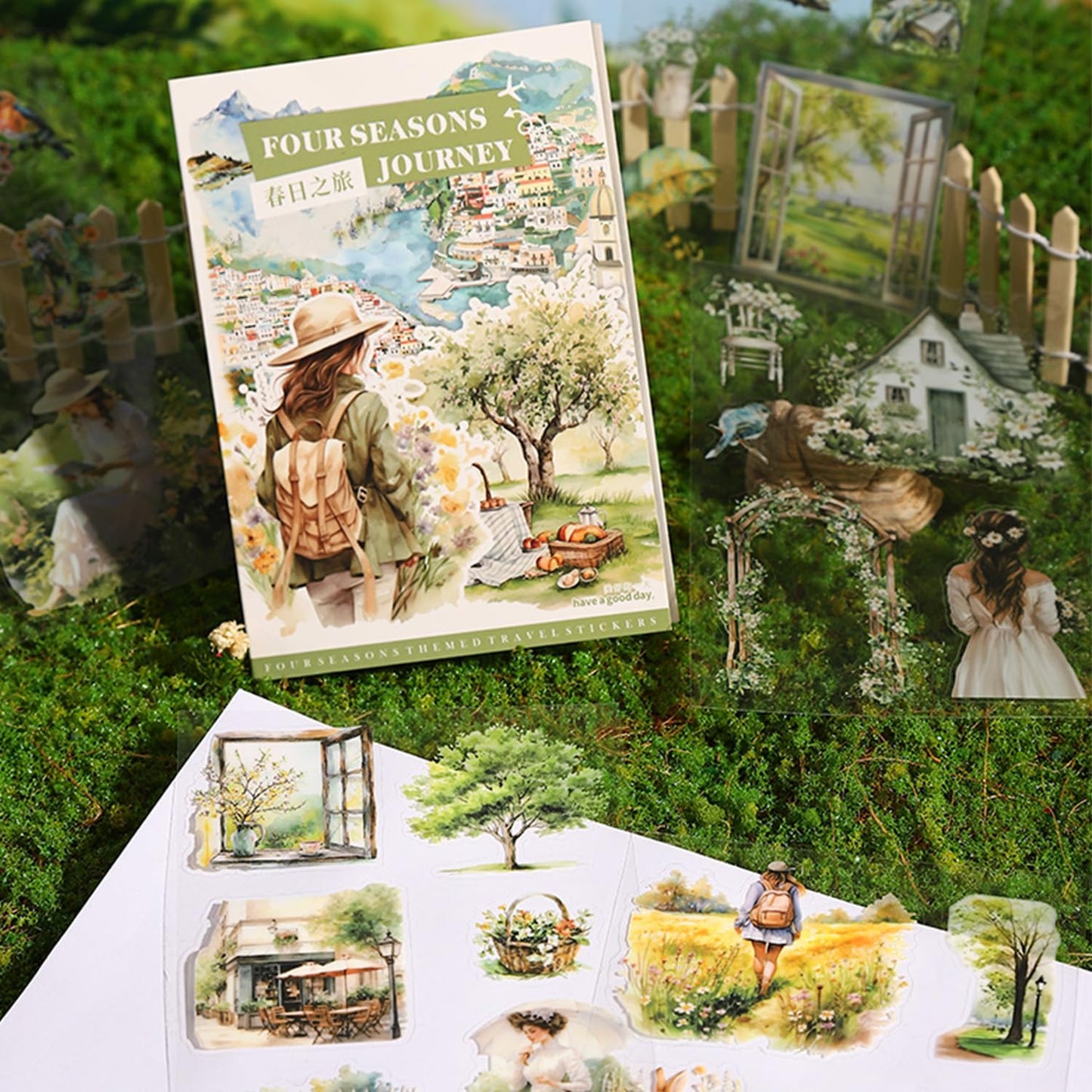 Seasons Journey Pre-Cut PET Sticker Set, 80 Sheets of Seasonal Travel-Themed Stickers for Scrapbooking, Journaling, DIY Crafts, and Junk Journal Ephemera