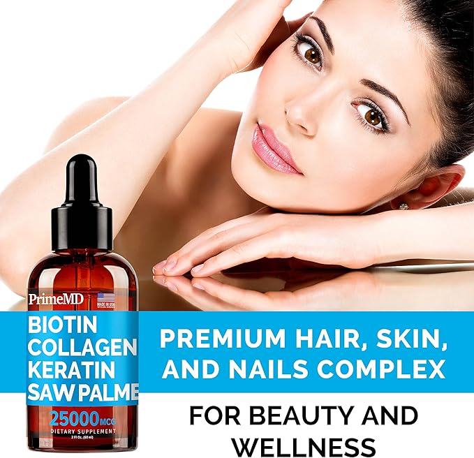 Liquid Collagen Peptides for Women - Serum Complex with Biotin Vitamin, Hydrolyzed Keratin Protein and Saw Palmetto - Comprehensive Formula for Hair, Skin, and Nails Wellness - 2fl oz (Pack of 2)
