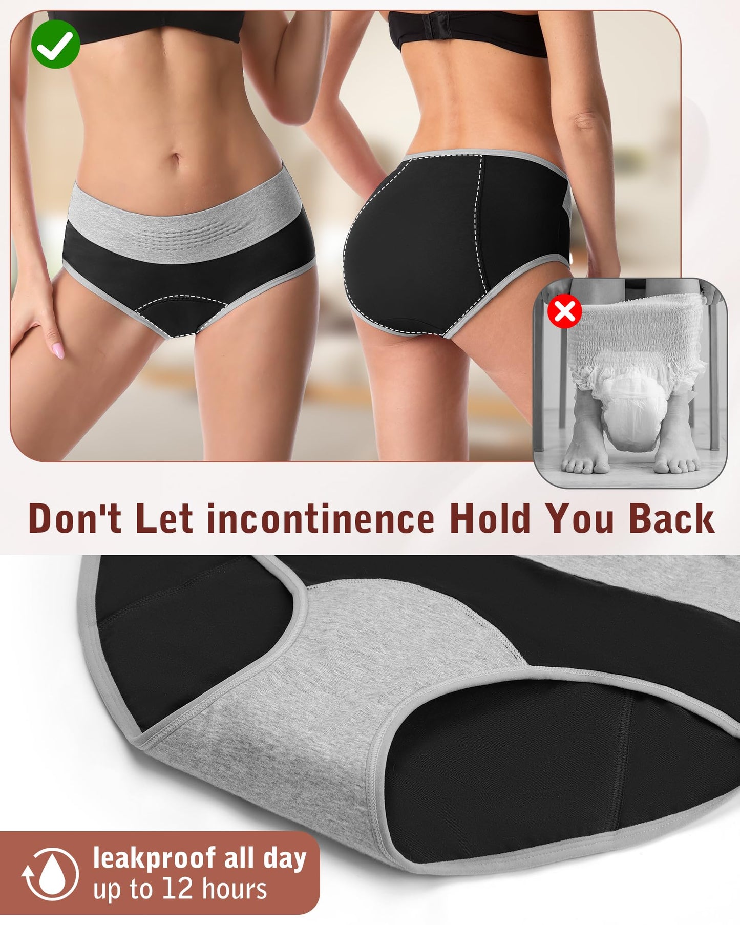 IGOLUMON Incontinence Underwear for Women, Period Panties Leak-Proof Underwear for Postpartum, Bladder Control, Reusable High Waisted Cotton Briefs 4 Pack