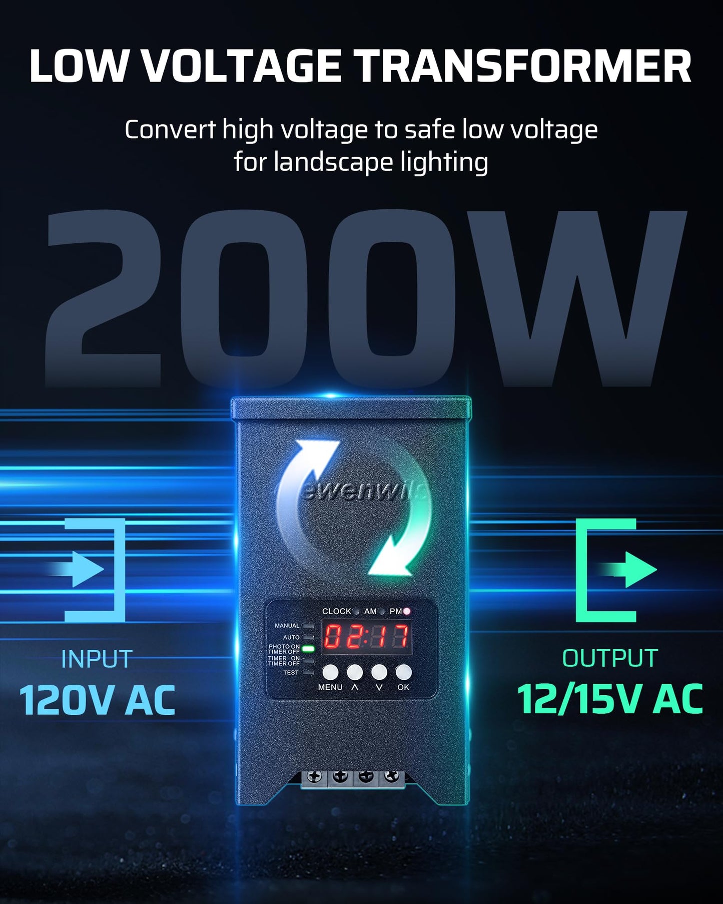 DEWENWILS 200W Low Voltage Landscape Transformer, 120V to 12V, Weatherproof, Black, Model HCLT04H1