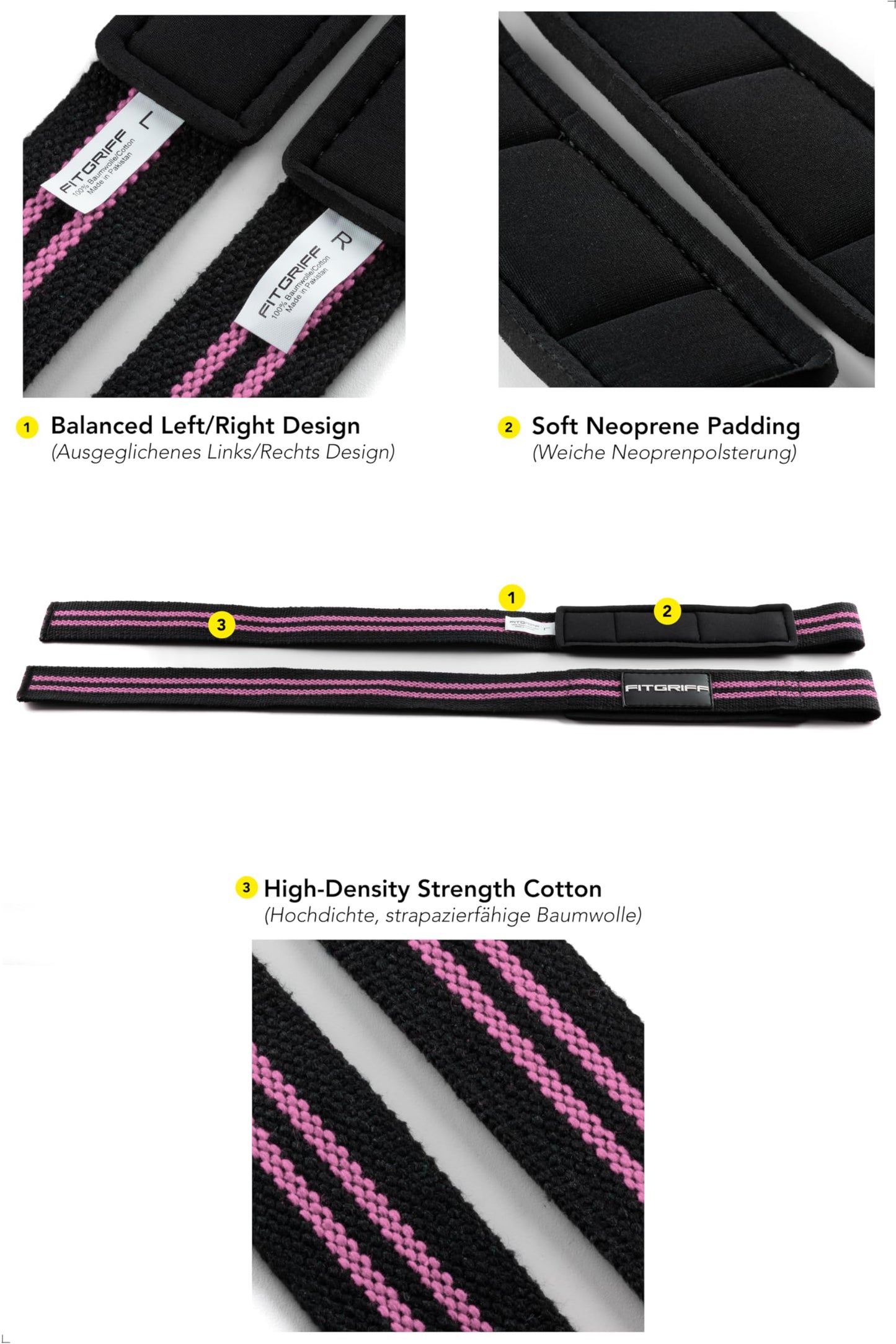 Fitgriff® Lifting Wrist Straps for Weightlifting, Gym, Deadlift, Workout (Made of Premium Cotton & Padded) - Men & Women (XS, Black/Pink)
