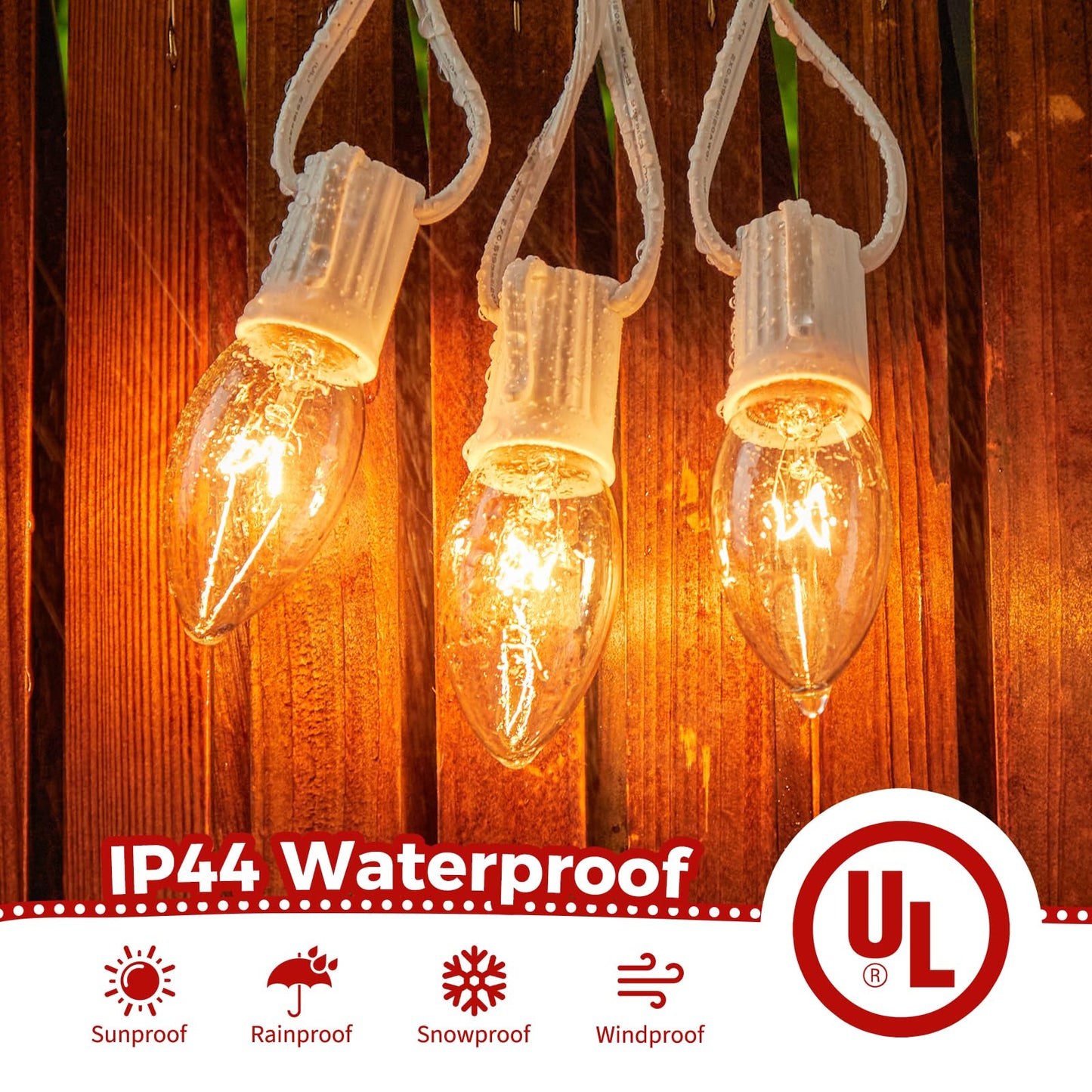 Brightown C9 Bulb String Lights for Outdoor, 25FT Warm White Clear Glass, Model GYPI-O257AU, Clear White Wire
