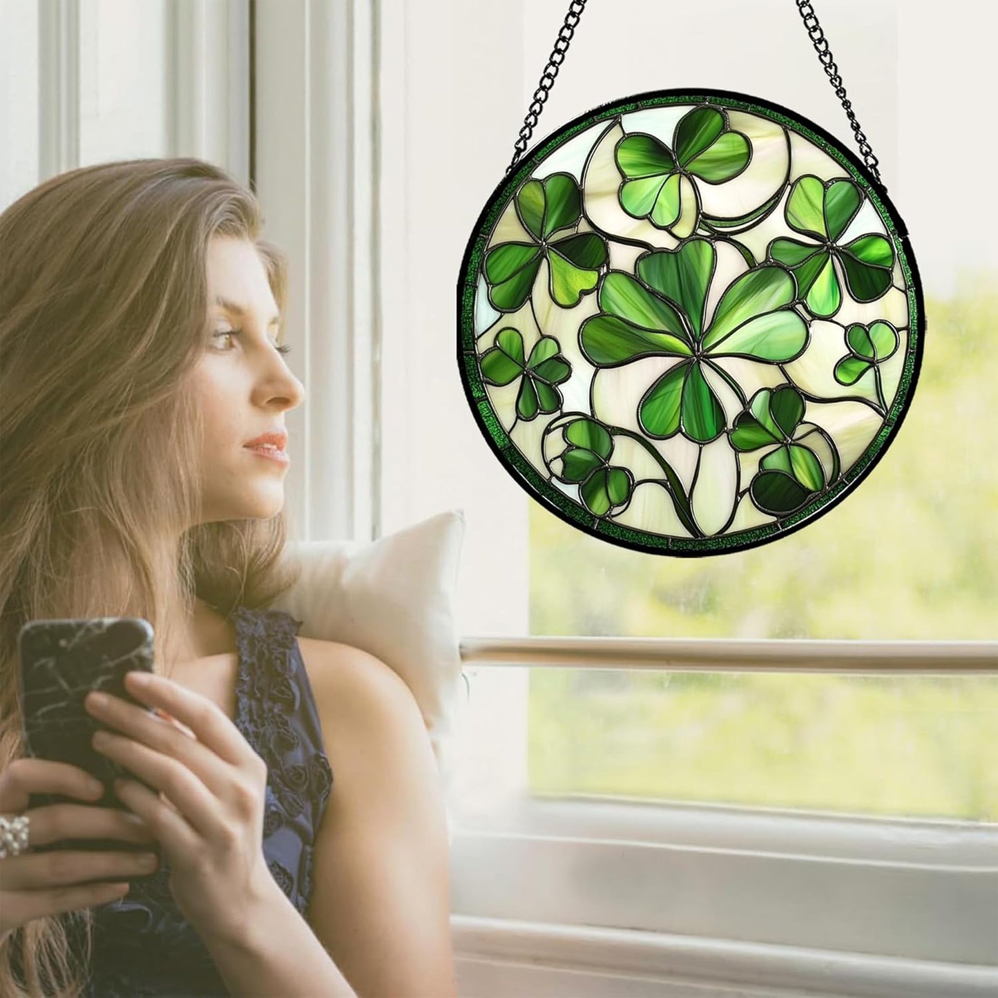 Stained Glass Window Hanging - Green Clover Flowers Suncatcher for Doors Garden St. Patrick's Day Plant Floral Sun Catchers Decor Mother's Day Birthday Gifts for Women Men Mom Nana 15 in