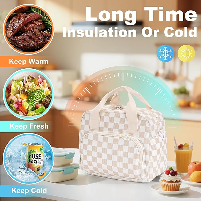 Large Lunch Bag for Women Insulated Lunch Box Reusable Cooler Bag Portable Cute Corduroy Leakproof Tote Bags for Travel, Work, and Picnic, Beige and White