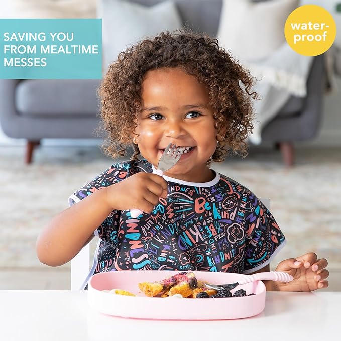 Bumkins - Junior Bib - For Boys & Girls, Toddlers & Kids 1-3 Years - Lightweight, Durable, Waterproof - Short Sleeve Bib - Catch-All Pocket - Wipeable & Machine Washable - Kindness - 2 Pack