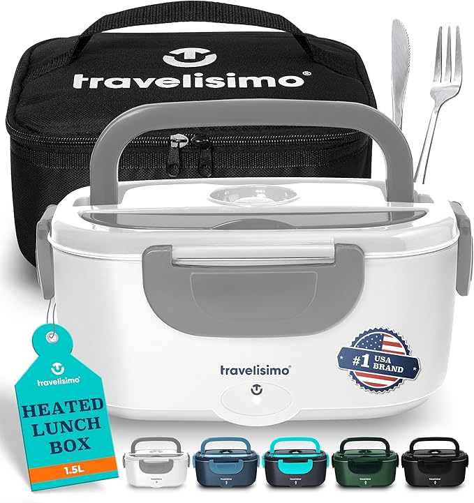 TRAVELISIMO Electric Lunch Box for Adults 80W Heated Lunch Box For Men 1.5L Stainless Steel Portable Food Warmer, 12/24/110V Electric Food Warmers for Travel & Work, Loncheras Para Hombres de Trabajo
