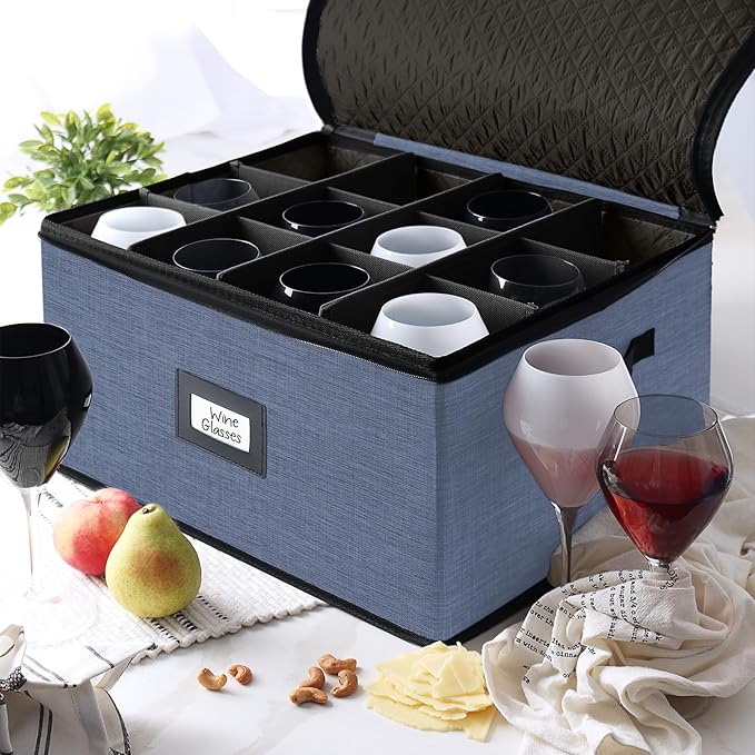Wine Glass Storage Box with Dividers, 2 Pack Stackable Stemware Storage Cases, Service of 24 Glassware Storage Containers, Quilted China Storage Containers for Moving and Seasonal Storage, Blue