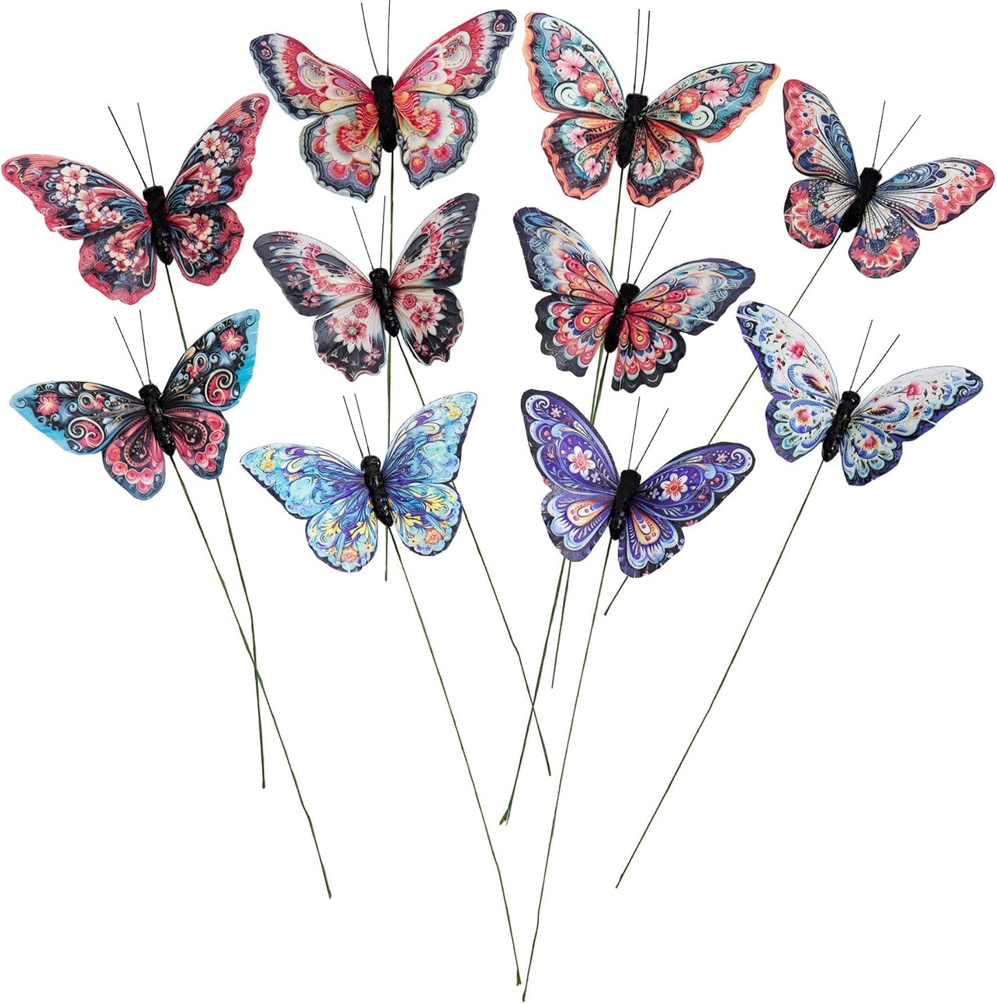 Cartanfill- Artificial Feather Simulation Butterfly Party Decoration Set, a Set of 10 Pieces with Clips, Used for Home Decoration in 10 Colors.… (G Wire)